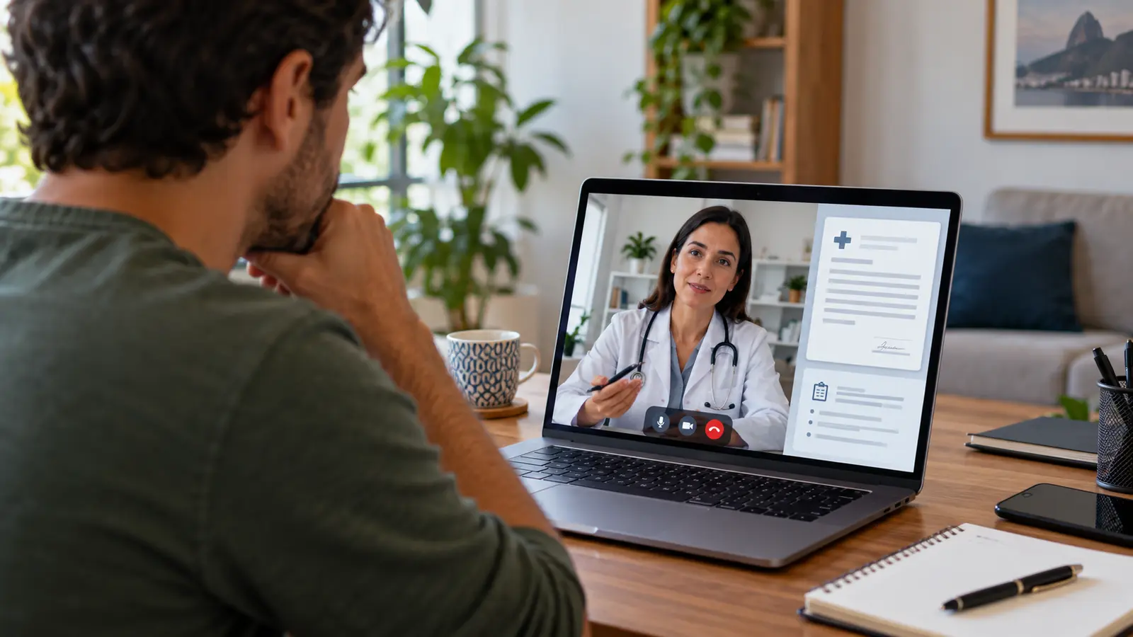 Paciente em teleconsulta enquanto médica avalia documento digital e anotações clínicas em notebook.