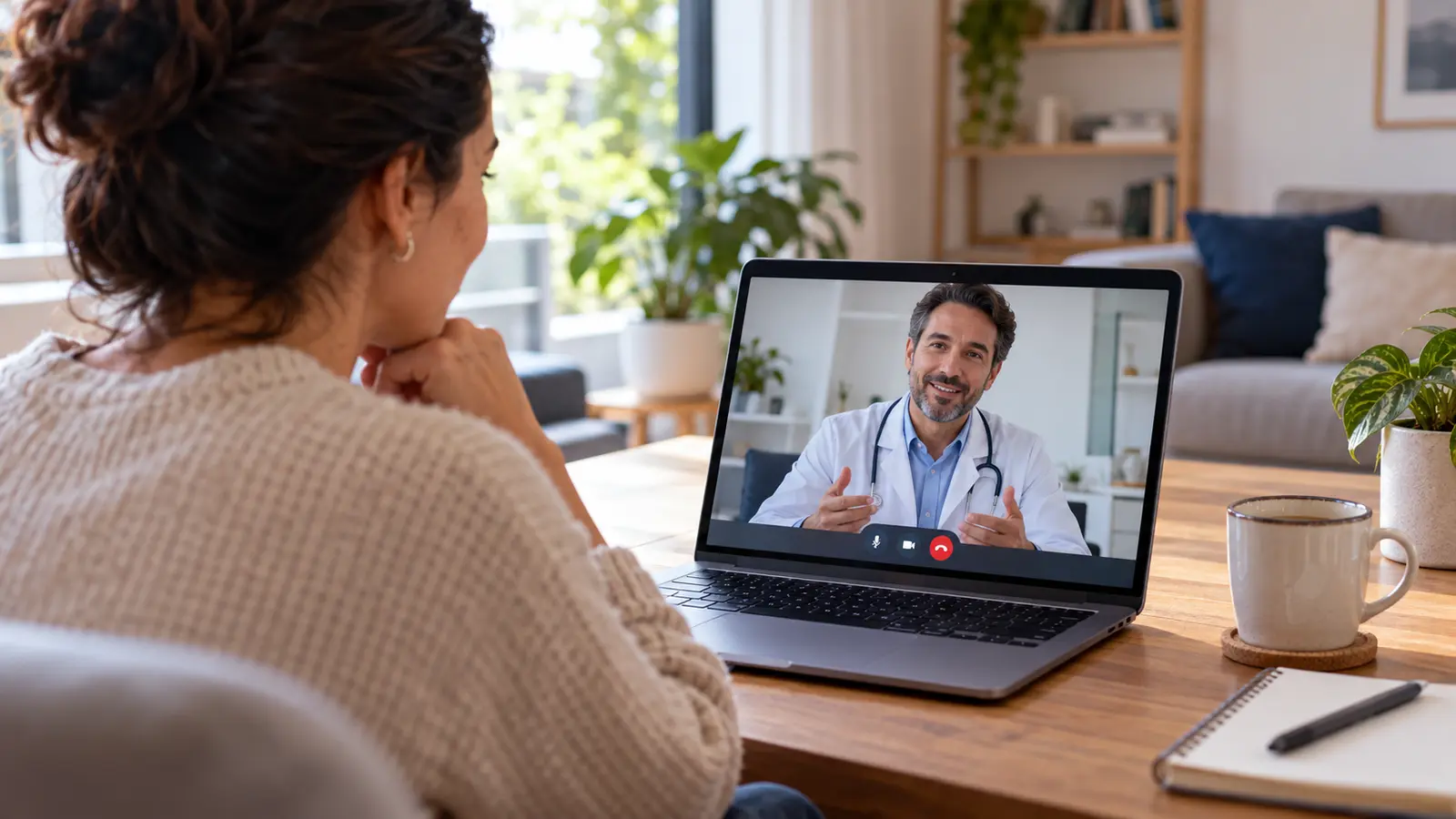Pessoa em casa participando de uma videochamada médica por notebook, em ambiente reservado e bem iluminado.