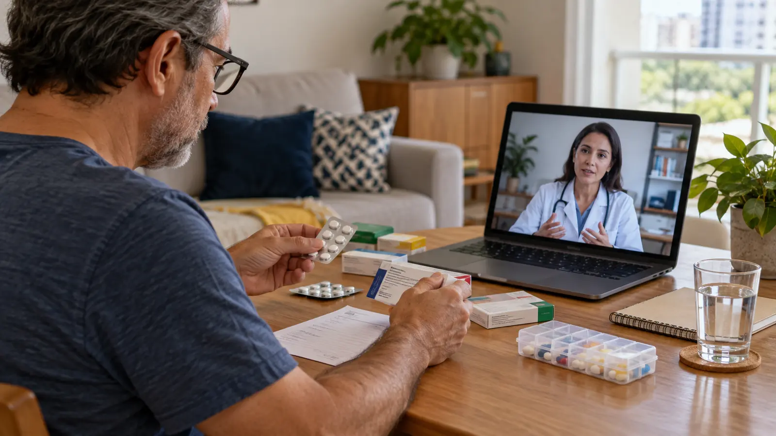 Paciente organizando medicamentos, receita antiga e notebook durante teleconsulta para revisão de tratamento.