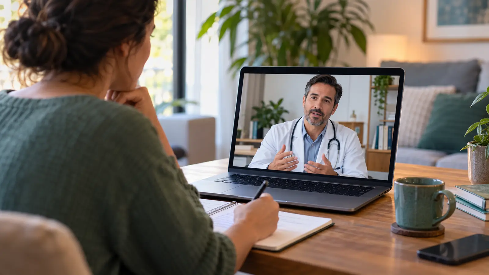 Paciente anotando sintomas durante videochamada com médico generalista em notebook, em ambiente doméstico reservado.