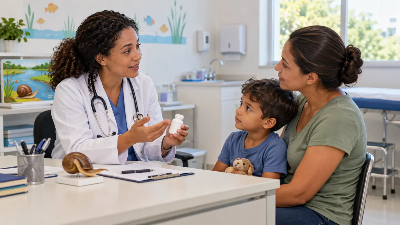 Profissional de saúde explica medicamento infantil a uma mãe e seu filho em consultório