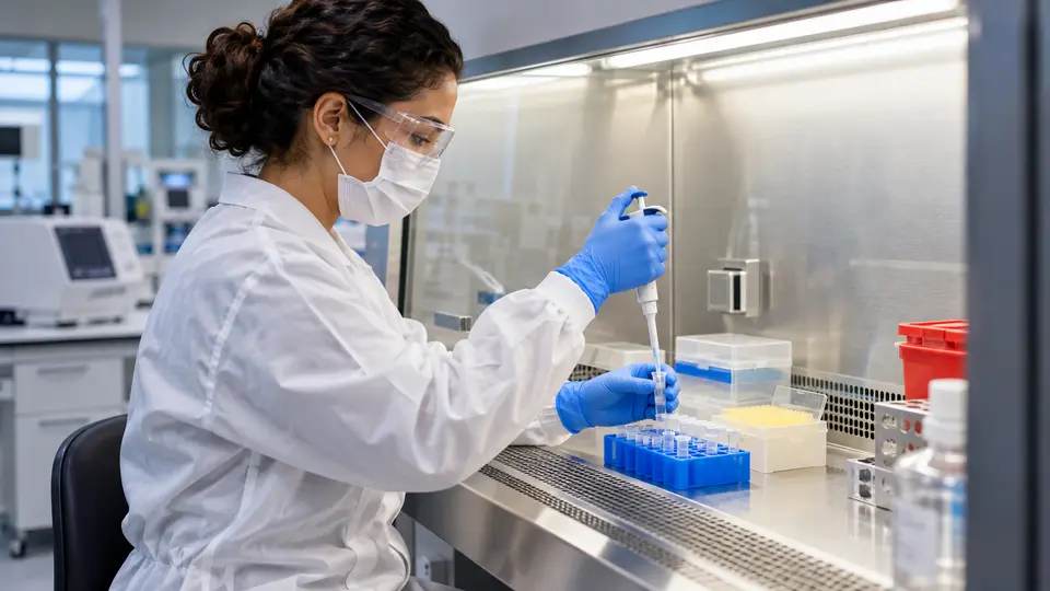 Profissional de laboratório trabalha com equipamentos de proteção em cabine de biossegurança