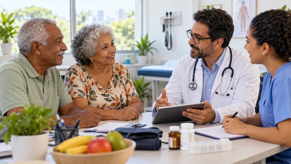 Casal de pessoas idosas conversa com médico e enfermeira durante consulta de atenção primária