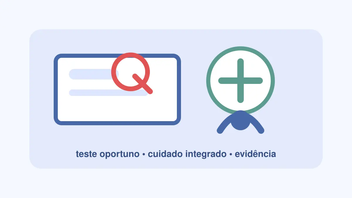 Ilustração de teste rápido e equipe de saúde representando diagnóstico oportuno no HIV avançado