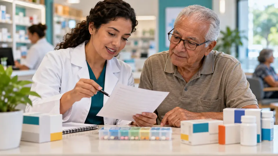 Farmacêutica e paciente idoso conferem juntos uma lista de medicamentos