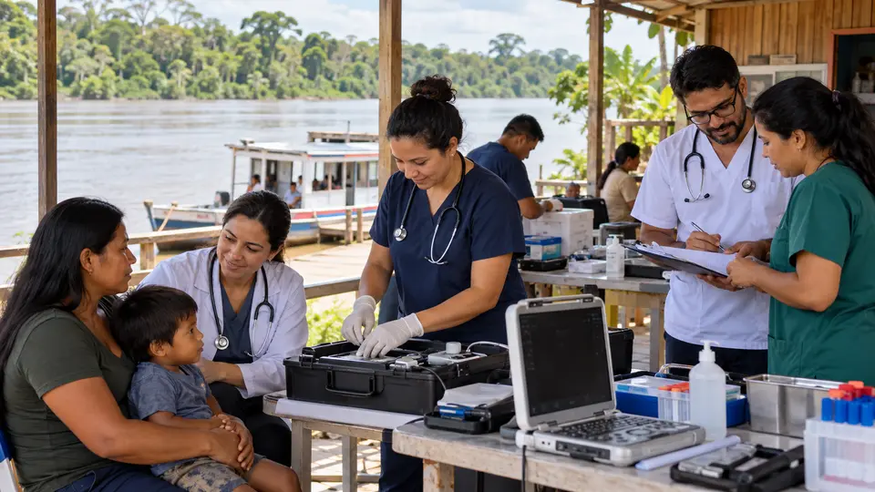 Equipe multiprofissional organiza atendimento de saúde em comunidade amazônica