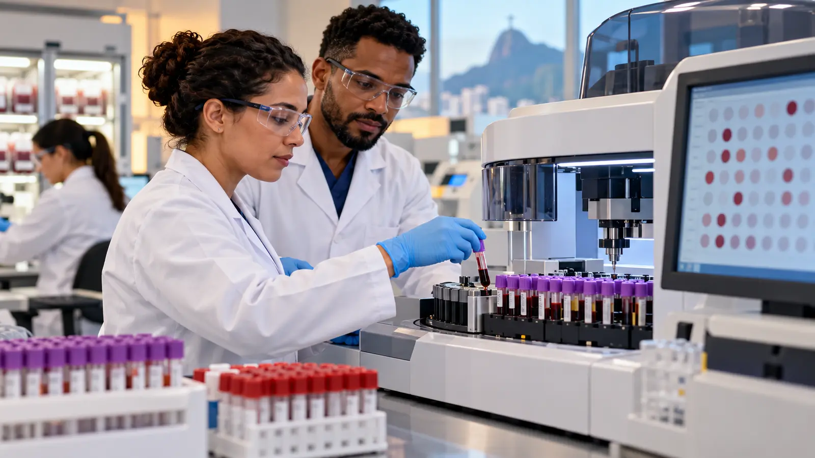 Profissional de hemoterapia organiza amostras para identificar compatibilidade sanguínea