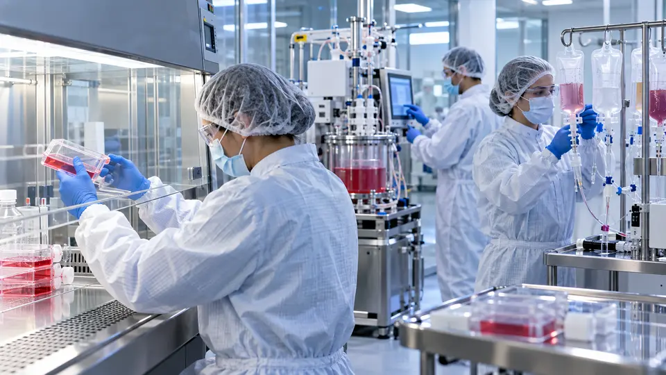 Equipe científica trabalhando em laboratório de terapia celular com equipamentos de cultura e bolsa de infusão