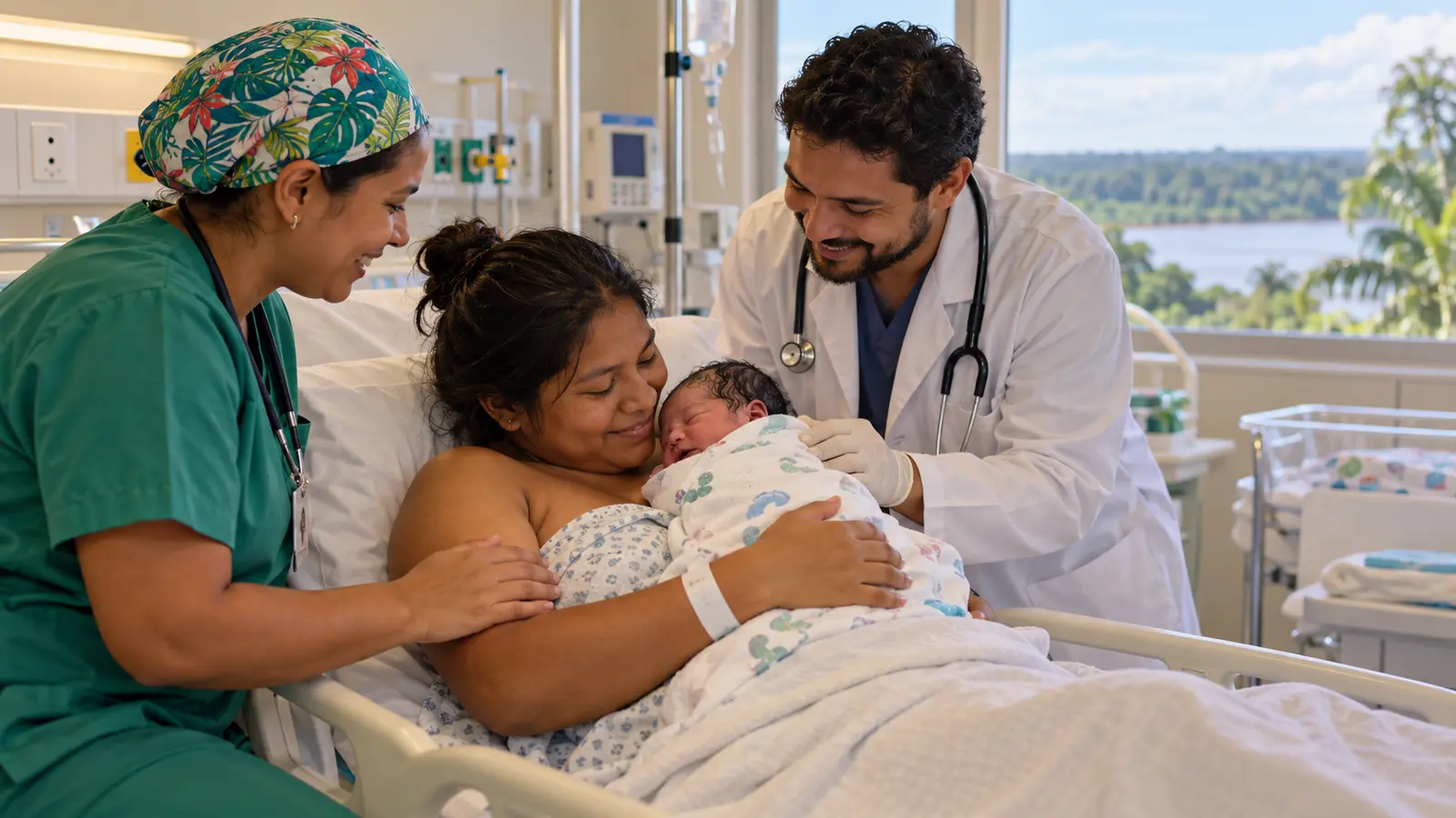 Mãe com recém-nascido recebe cuidado de equipe materno-infantil em hospital da região amazônica