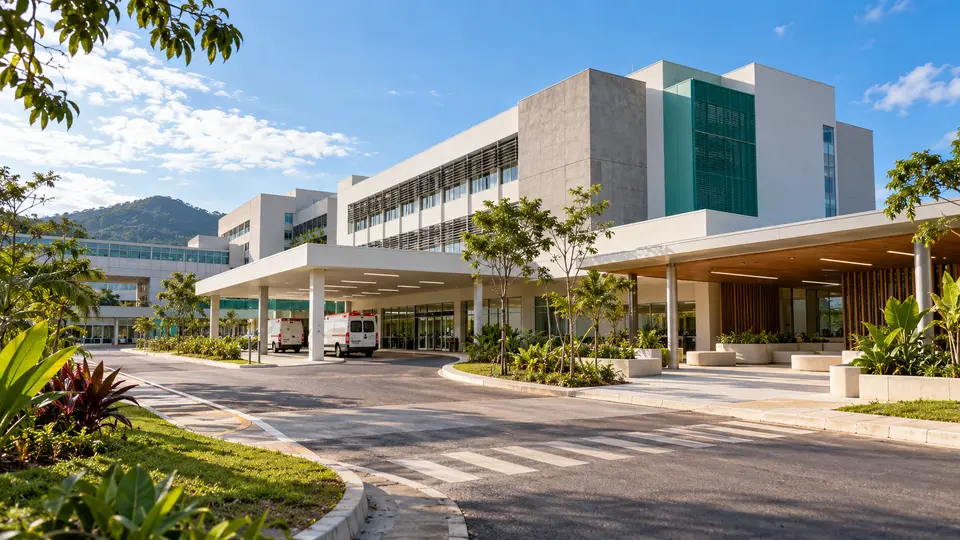 Arte editorial arquitetônica de hospital público ampliado em região tropical