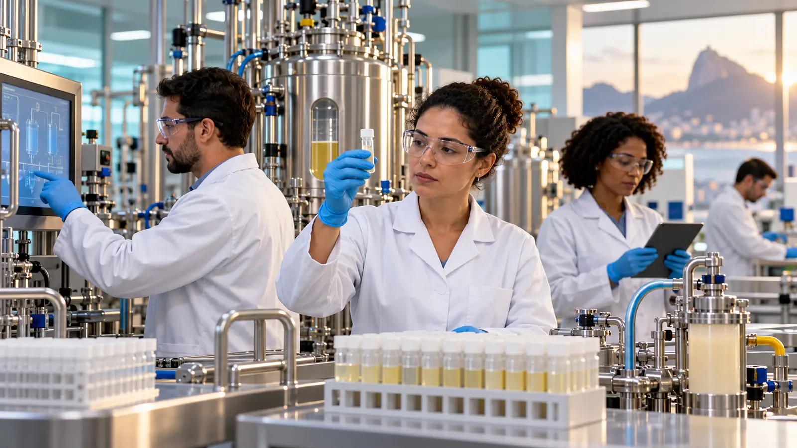 Cientistas acompanham equipamentos de produção de medicamentos derivados do plasma em laboratório