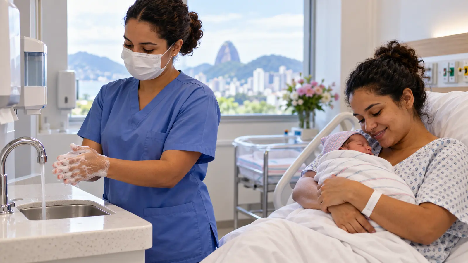 Profissional de enfermagem higieniza as mãos ao lado de mãe com recém-nascido em maternidade
