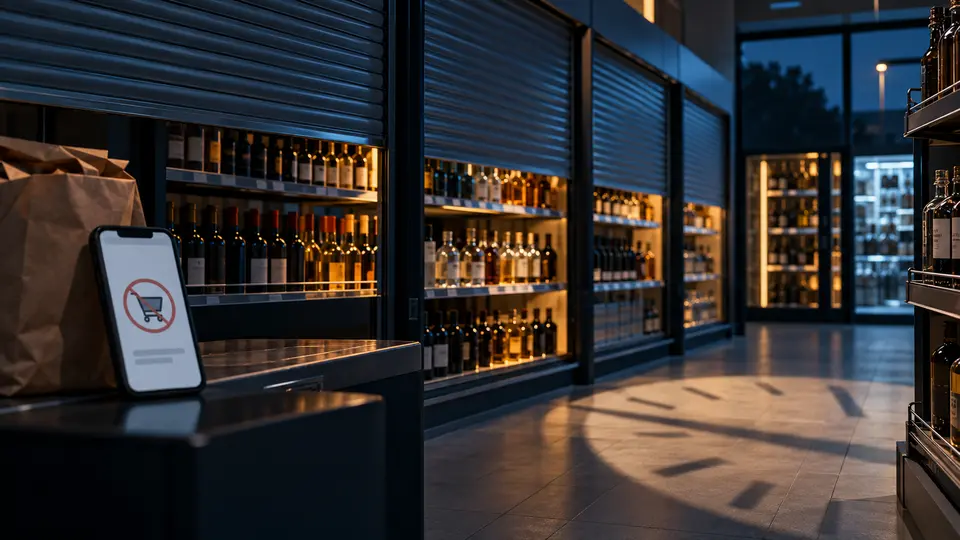 Arte editorial de seção de bebidas com persianas parcialmente fechadas e entrega on-line bloqueada