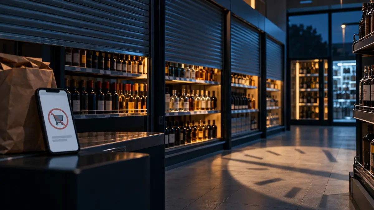 Arte editorial de seção de bebidas com persianas parcialmente fechadas e entrega on-line bloqueada