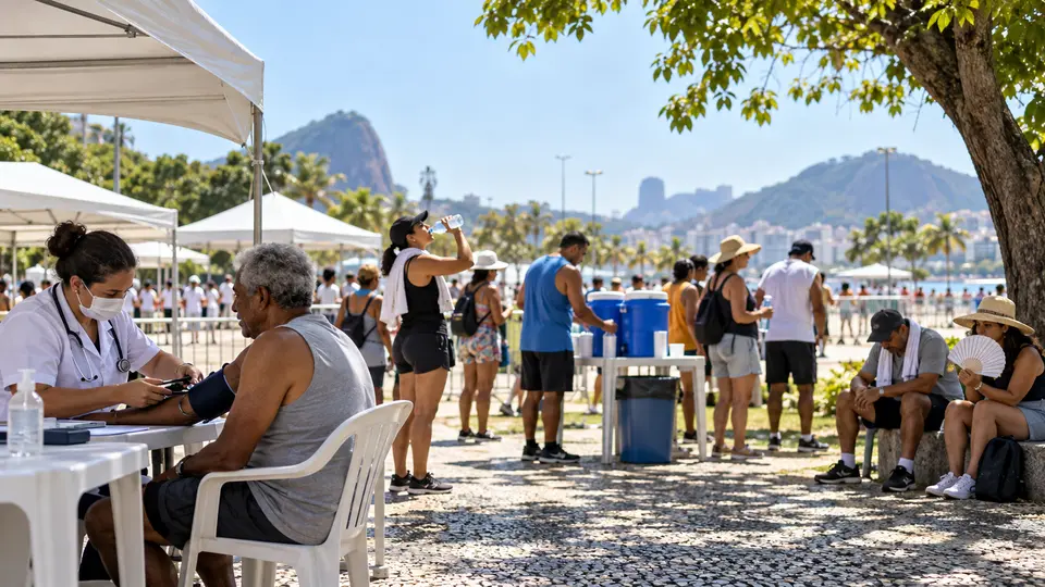 Público em evento ao ar livre com pontos de água, sombra e equipe de saúde durante um dia quente