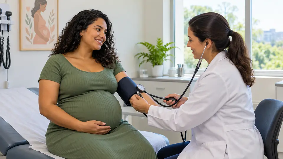 Gestante tem a pressão arterial medida durante consulta de pré-natal