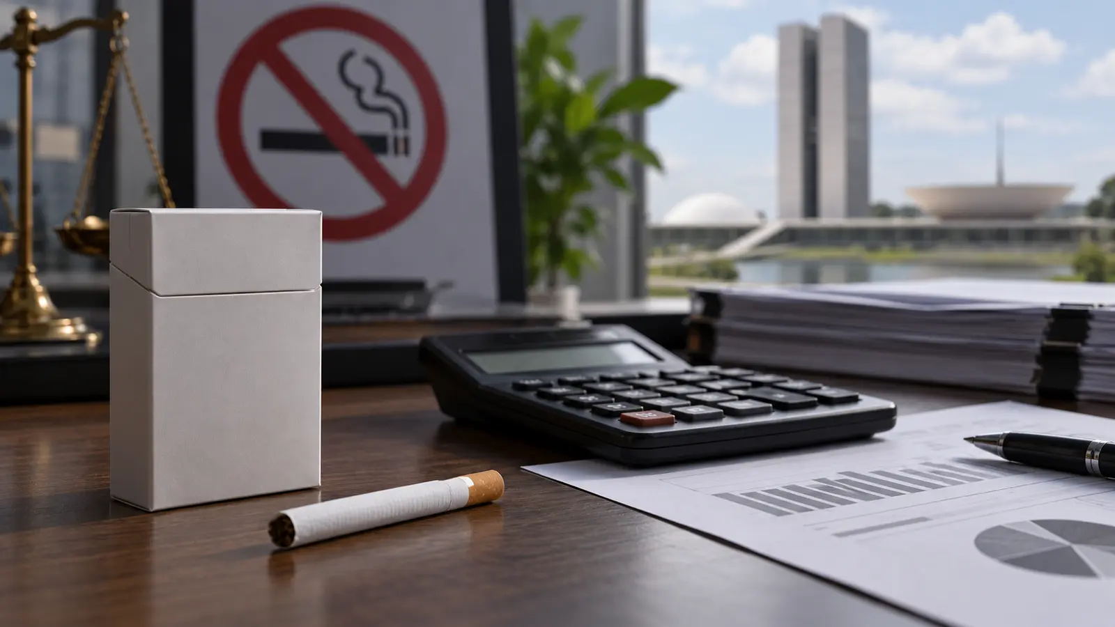 Cigarro apagado ao lado de calculadora e documentos que representam política tributária de saúde