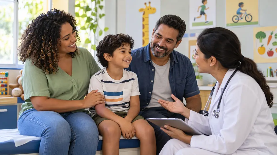 Família conversa com profissional de saúde sobre hábitos e crescimento de uma criança