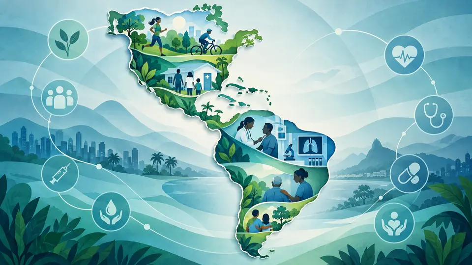 Ilustração do mapa das Américas conectado a prevenção, atenção primária, diagnóstico e cuidado contínuo