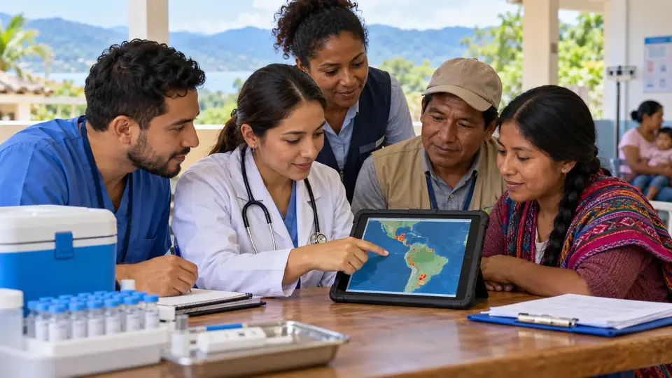 Equipe de saúde comunitária analisa mapa regional de vigilância e materiais de prevenção