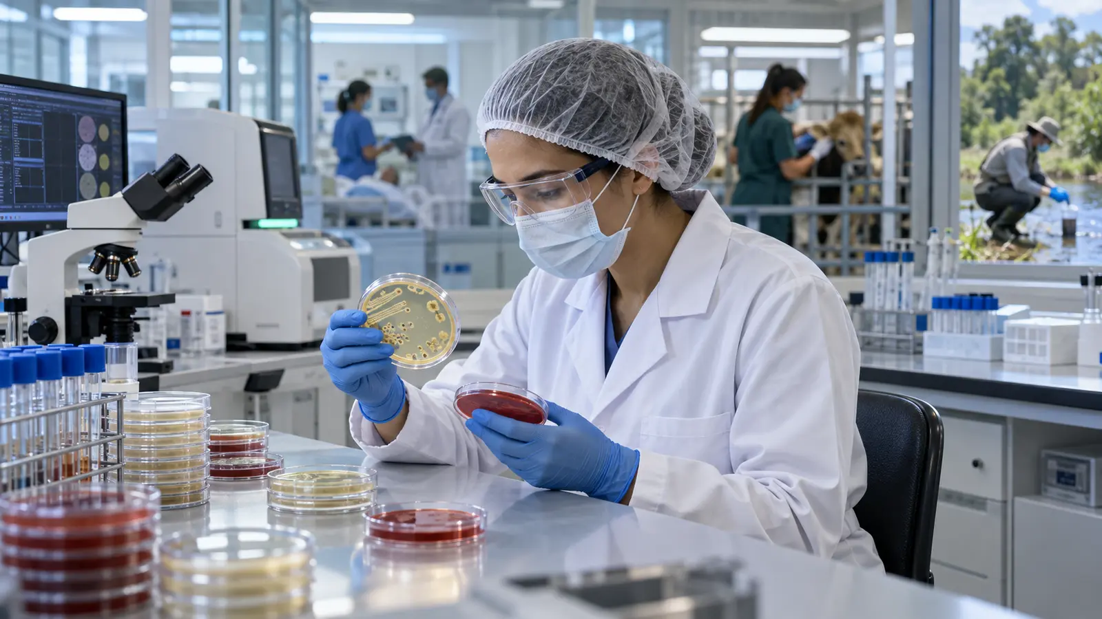 Profissional de laboratório analisa culturas bacterianas em rede integrada de vigilância