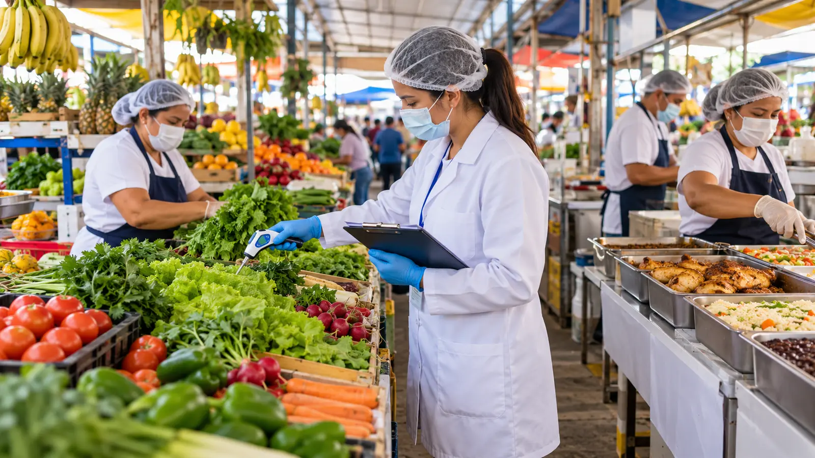 Profissional verifica temperatura e higiene de alimentos em mercado público
