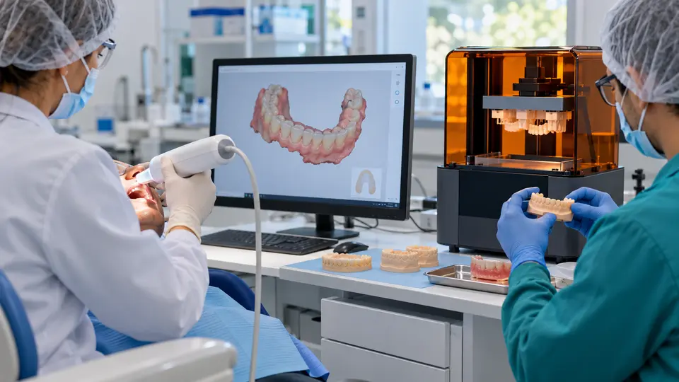 Arte editorial de equipe odontológica usando scanner intraoral e impressora 3D para planejar prótese dentária