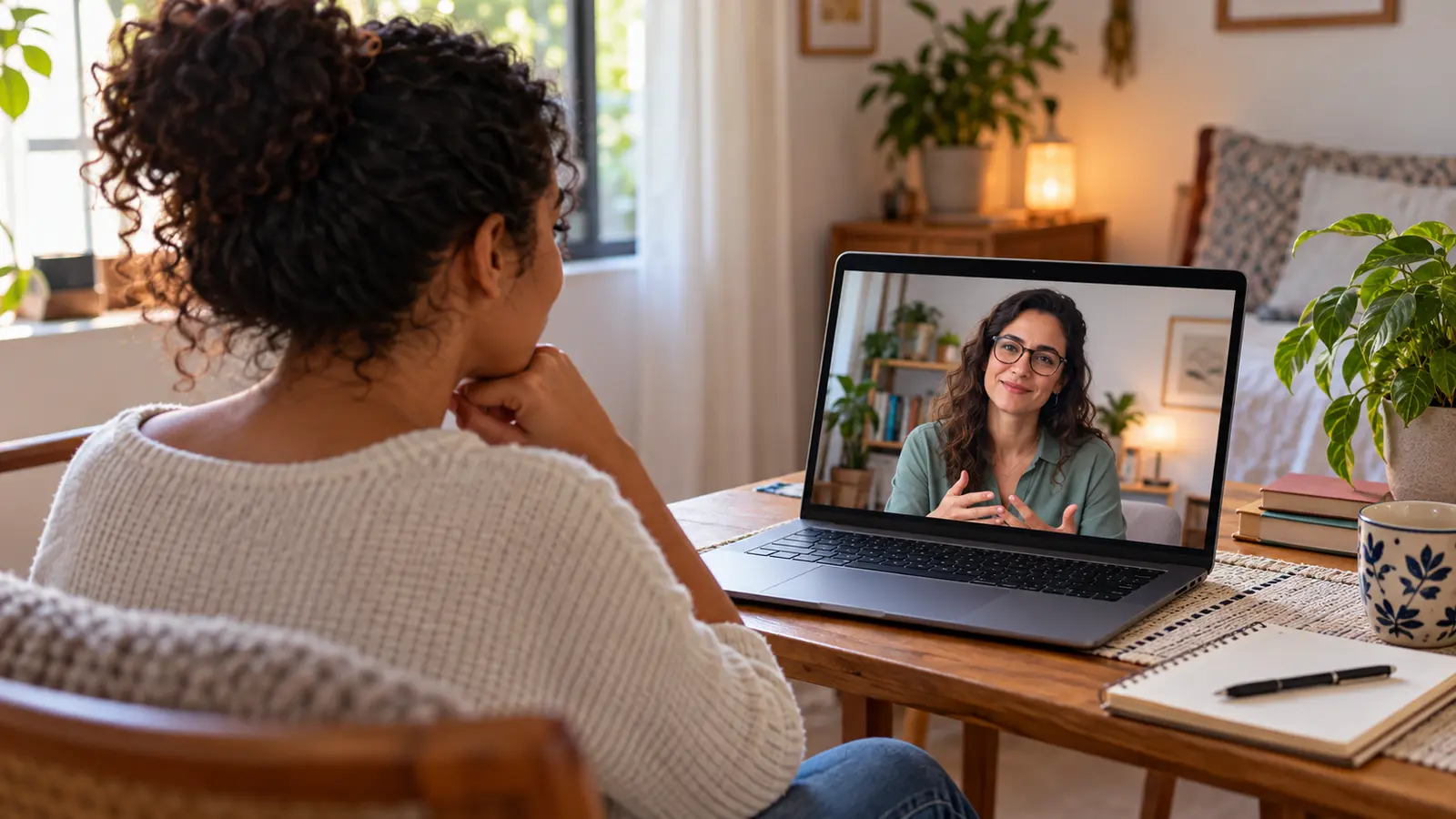 Mulher participa de videoatendimento com psicóloga em ambiente privado