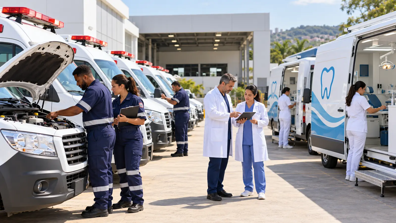 Equipes de saúde inspecionam ambulâncias e unidades odontológicas móveis alinhadas em centro logístico